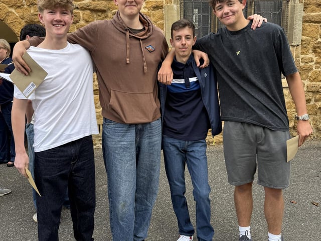 Jackson Shultz, Sam Auty, Jacob Hazzard on Luke Attridge on results day at Caistor Grammar School.