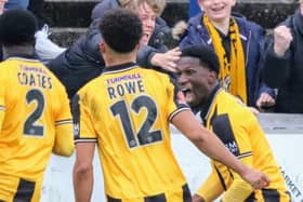 Boston United celebrate their late leveller. Pic: Ken Fox.