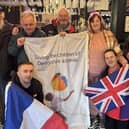 Will Sismey and Dionne Shore (front) ahead of their charity walk from Skegness to Paris.
