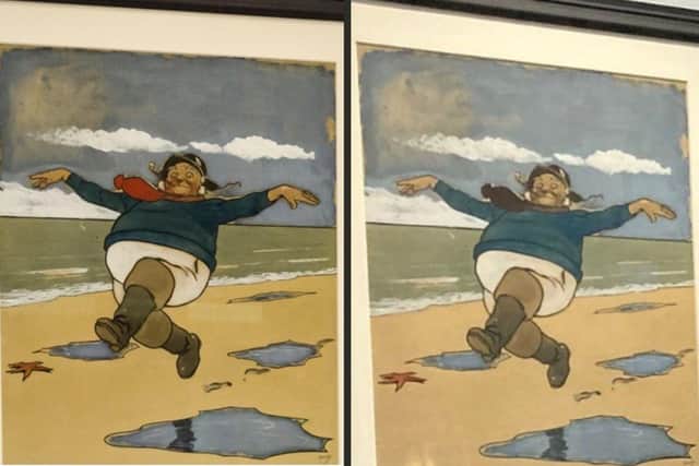 One of the posters before the discolouration to Jolly's scarf, left, and after deterioration to the paint took hold, right. Different lighting conditions when each photo was taken account for much of the other variations in lightness and tone.