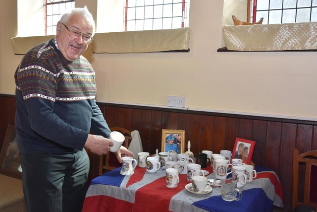 Les Robinson with his collection of Queen Elizabeth II Pottery