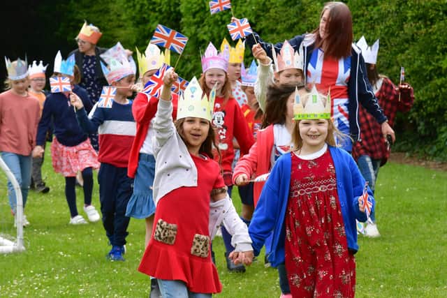 Jubilee event at Billingborough Primary School. Parade around the sports field