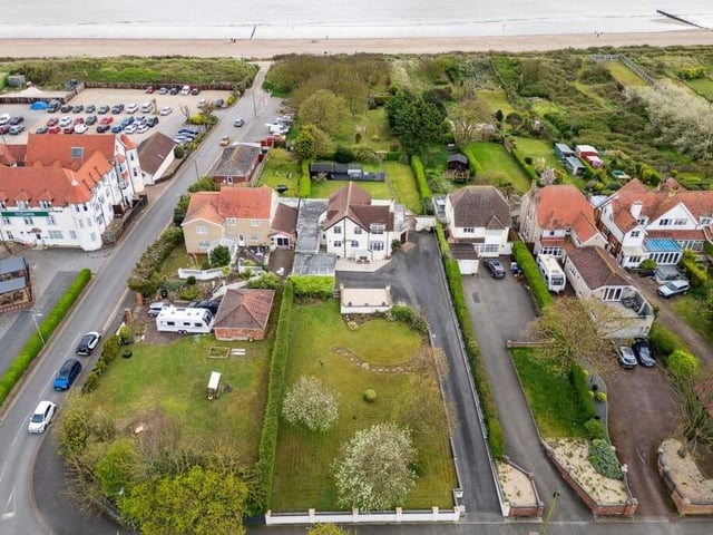 An aerial view of the front of the home.