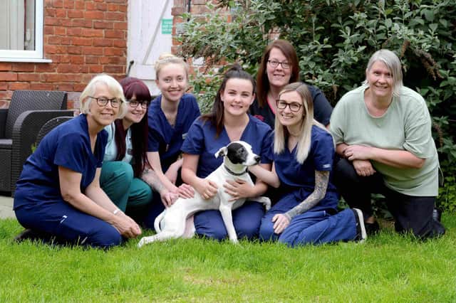 Vet Jo Patrick, left, with Eastfield Vets colleagues who helped care for Tilly, along with her owner Jenny Harrand, right.