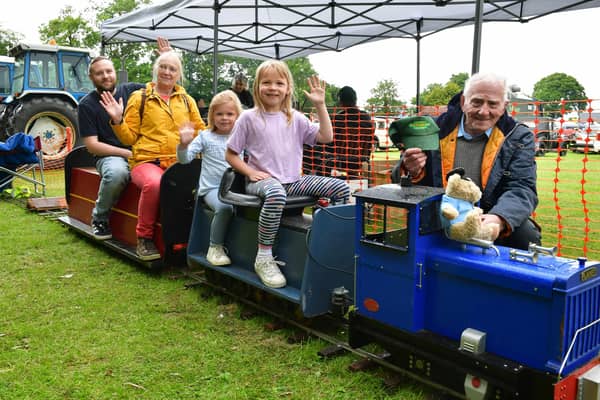 All aboard (from left) for Kevin Appleton, Karen Motson, Scarlett Appleton 4 and Mia Appleton 7 of Wrangle with engine driver Tom Wood of Evergreens Miniature Railway