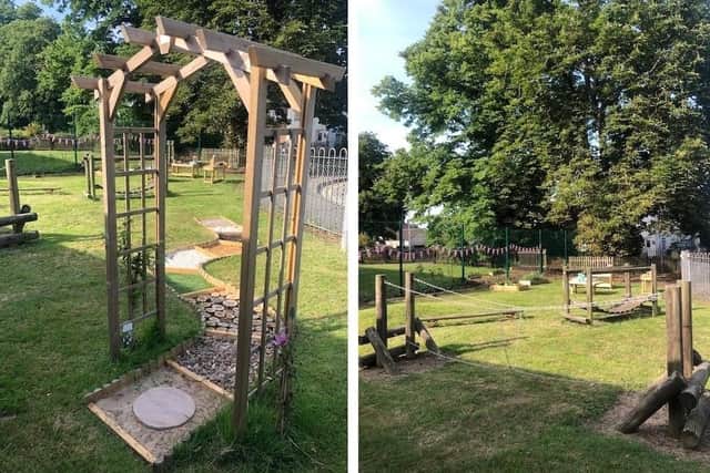 The new Owl Garden outdoor area features a 'sensory pathway', vegetable and fruit planters, a play hut and other wooden equipment. a reading area and 'weaving station'.