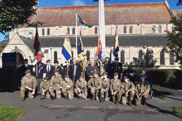 Veterans, cadets and guests gather with the Mayor of Skegness Coun Pete Barry outside St Matthew's Church, Skegness.