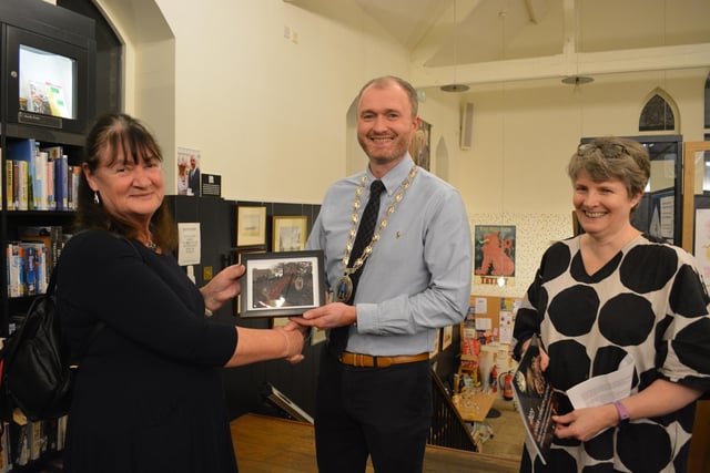 Jan Lyus, left, won the Past, Present and Future' category, pictured with mayor Jon Wright and organiser Jane Anderson