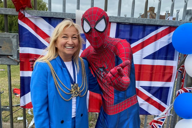 Boston's new mayor, Coun Anne Dorrian, with Spiderman at the 'Platty Jubes' event in Ingelow Avenue, Boston.