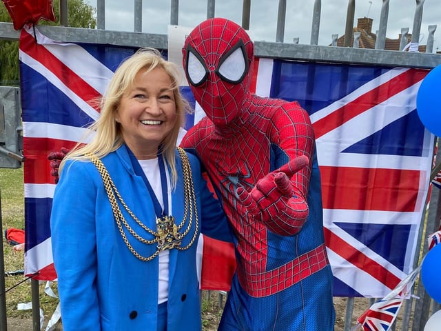 Boston's new mayor, Coun Anne Dorrian, with Spiderman at the 'Platty Jubes' event in Ingelow Avenue, Boston.