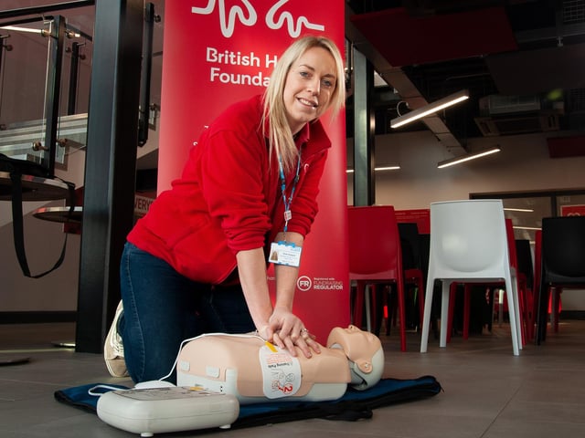 Ruth Howard, a former De Aston School student and cardio nurse from Lincoln hospital demonstations CPR.