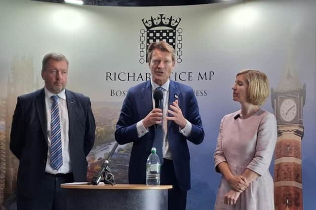 Reform leaders at the launch of LORE (Lincolnshire Opposes Renewable Eyesores). Pictured (from left) Coun Sean Matthews, leader of Lincolnshire County Council, Boston and Skegness MP Richard Tice, and Greater Lincolnshire Mayor Andrea Jenkyns.