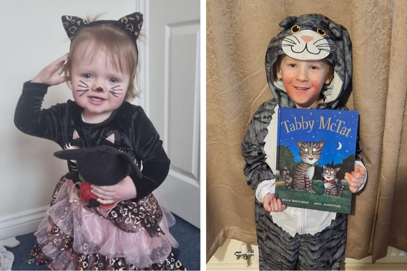 Daisy Autumn-Rose Brown, aged 17 months, as a kitten, and Clay Hadley, six, as Tabby McCat.
