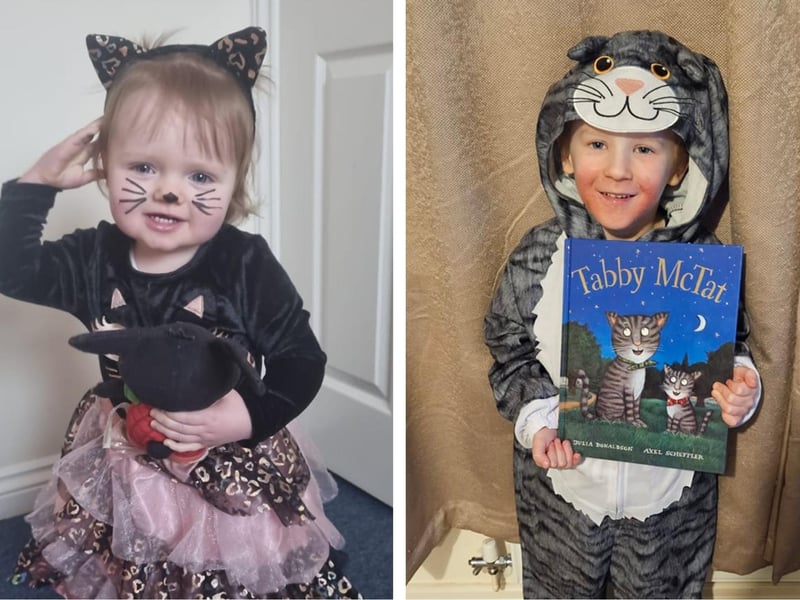 Daisy Autumn-Rose Brown, aged 17 months, as a kitten, and Clay Hadley, six, as Tabby McCat.
