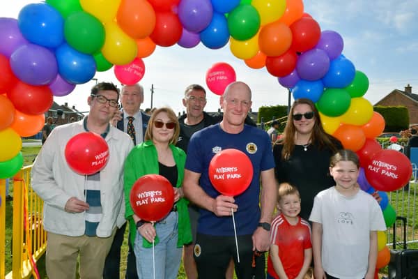 Celebrating the launch of Wyberts Play Park. Pictured (from left) Mike Sharp, chairman of Wyberton Parish Council, Hev Ainsworth, Carrie Maskell, Steve Slater, Paul Bastock, David Williams, Jesse Maskell, five, and Tilly Lawson, 10.