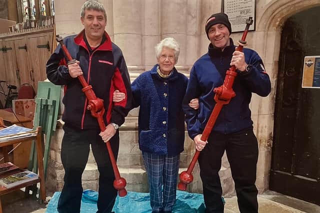 Louth firefighters helped with the clappers, pictured with Jill Day.