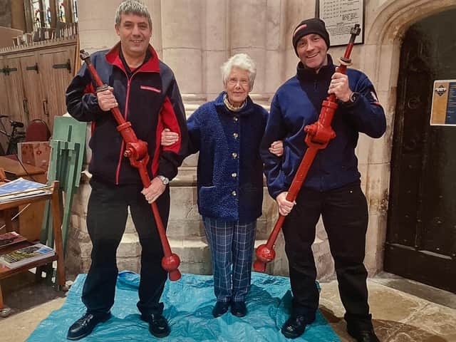 Louth firefighters helped with the clappers, pictured with Jill Day.