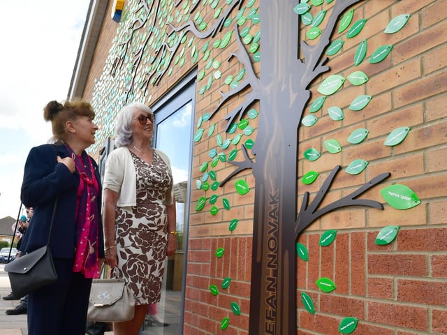 Friends of Stefan Novak, Helen Anastassiou and Avril Hart, looking at the tree with the names of all who have donated.