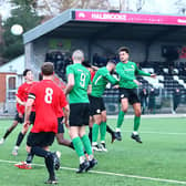 Joey Smith's header goes close during the draw at Eastwood. Photo: Steve W Davies Photography.