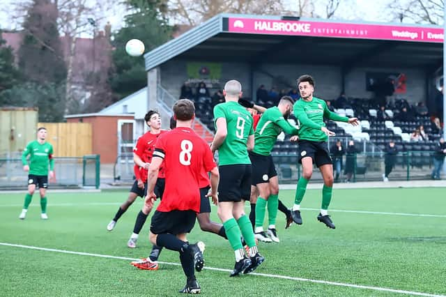 Joey Smith's header goes close during the draw at Eastwood. Photo: Steve W Davies Photography.