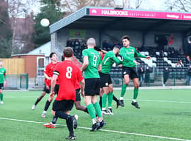 Joey Smith's header goes close during the draw at Eastwood. Photo: Steve W Davies Photography.