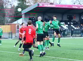 Joey Smith's header goes close during the draw at Eastwood. Photo: Steve W Davies Photography.