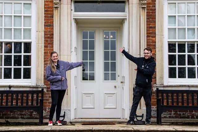 Property Operations Manager Rachel Marriott and Welcome Manager Rob Wilson in front of Gunby Hall.