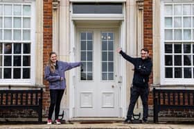 Property Operations Manager Rachel Marriott and Welcome Manager Rob Wilson in front of Gunby Hall.