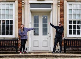 Property Operations Manager Rachel Marriott and Welcome Manager Rob Wilson in front of Gunby Hall.