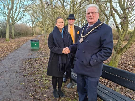 Daisy Jones, ELDC  Sustainable Housing Officer, with Mayor of Skegness Coun Tony Tye (right) and Coun Richard Cunnington.