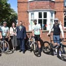 Sponsored cyclists arrive in Skegness welcomed by the new Deputy Mayor and Moyoress of Skegness, Coun Dan and Kim Kirk.