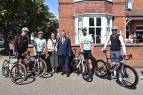 Sponsored cyclists arrive in Skegness welcomed by the new Deputy Mayor and Moyoress of Skegness, Coun Dan and Kim Kirk.