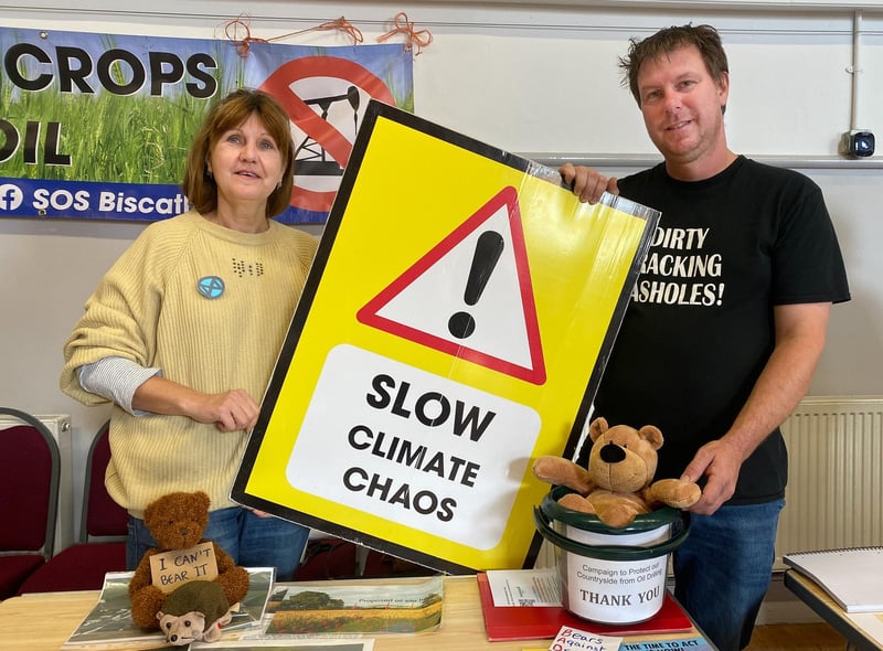 Amanda Suddaby and Ian Round with the SOS North Kelsey stand explaing the organisation to opposition to oil drilling plans in the Lincolnshire Wolds