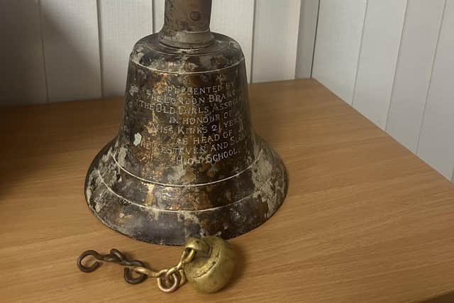 The inscribed Kesteven and Sleaford High School bell. Photo supplied