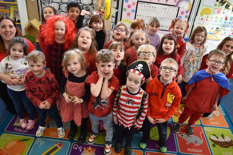 'Red-y' to raise funds for Comic Relief ... youngsters at Gosberton Academy.