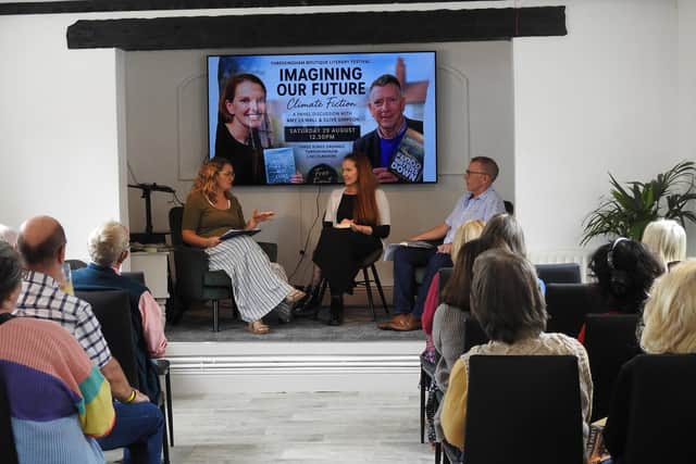 Samantha Maw (left) discussing climate fiction at the literary festival with Dr Amy Lilwall and Clive Simpson.