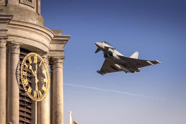 A Typhoon flypast by 41 Squadron, RAF Coningsby at the graduation parade at Cranwell. Photo by Andrew Wheeler @UK MoD