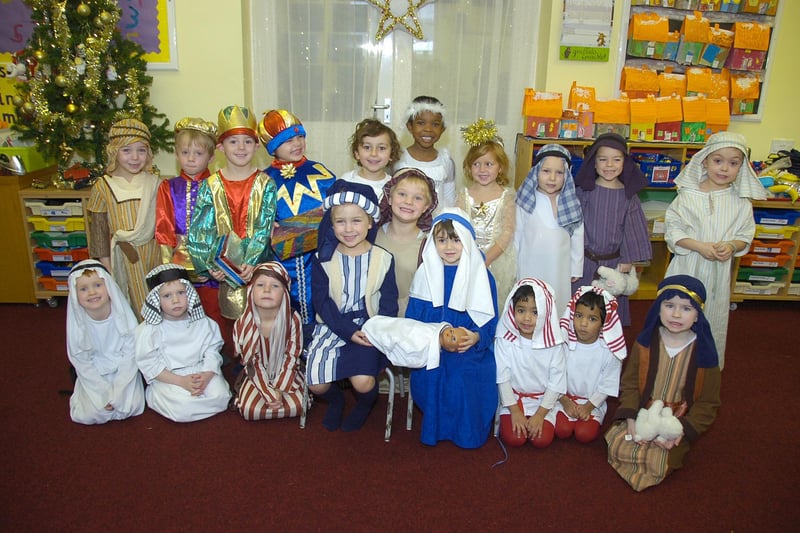 Cast members of Bicker Preparatory School's Nativity show, The Innkeeper's Breakfast.