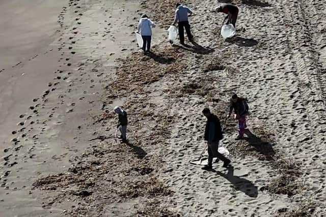 Scores of volunteers turned out to clear nodules from beach.