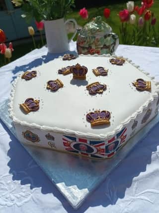 This delicious Coronation cake is a prize in a raffle at Alford Craft Market.