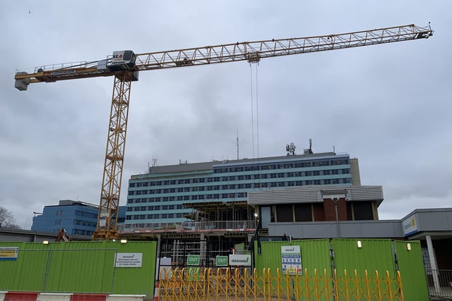 A crane towers over the emergency department building site at Pilgrim Hospital, Boston.