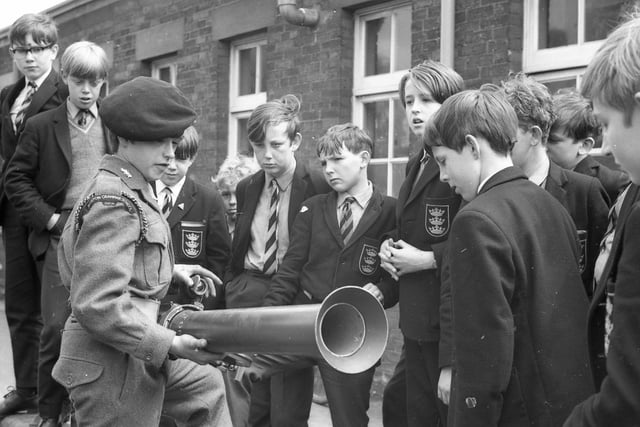 Pupils have a look at the bazooka.