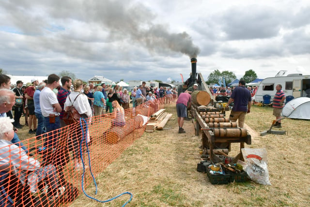 Steam traction engine-powered sawmill in action at the show.