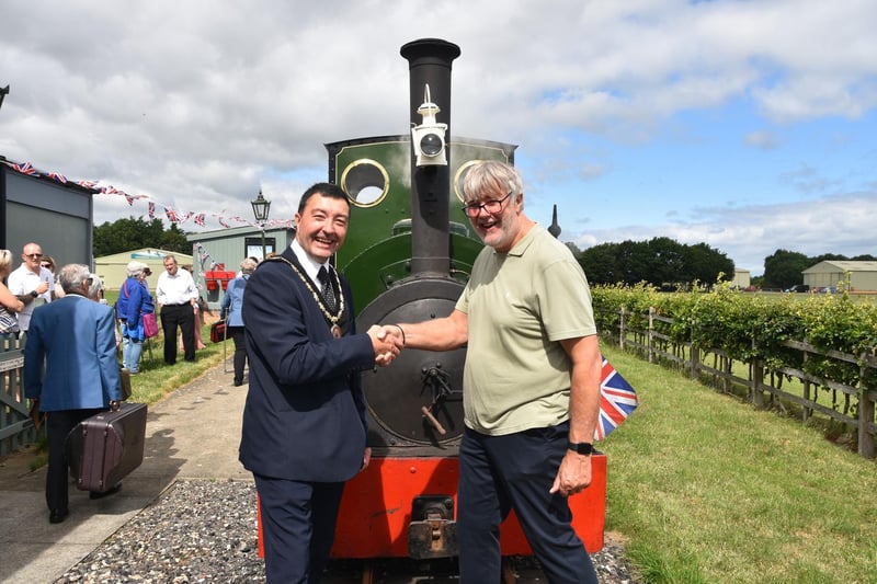 Mayor of Skegness Coun Jimmy Brookes with Chief Executive Officer for Ellis Bros (Contractors) Ltd. and Company Secretary of the Lincolnshire Coast Light Railway, John Chappell.