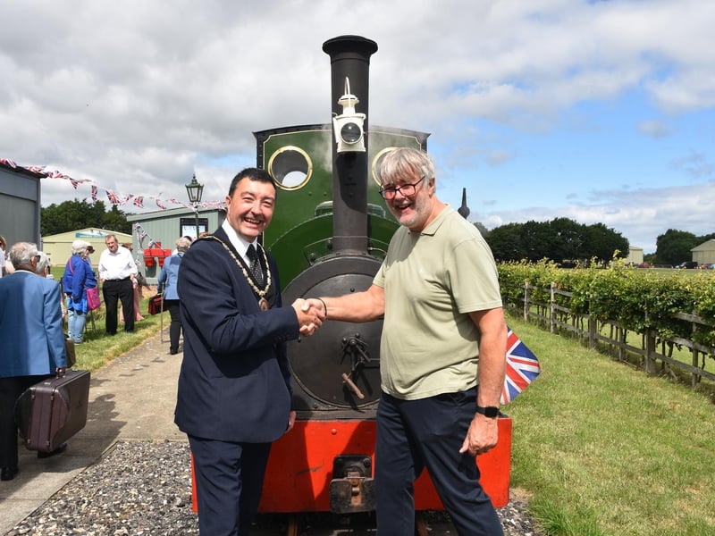 Mayor of Skegness Coun Jimmy Brookes with Chief Executive Officer for Ellis Bros (Contractors) Ltd. and Company Secretary of the Lincolnshire Coast Light Railway, John Chappell.