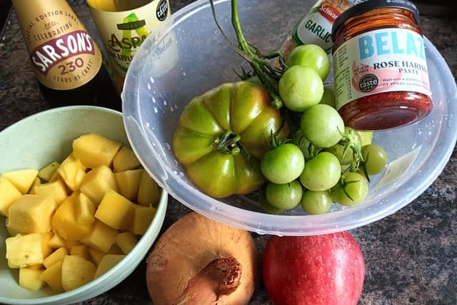 An exmple of the ingredients for Kate’s green tomato, mango and rose harissa chutney.