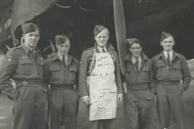Geoffrey Appleyard and crew. Why the pinny? The apron belonged to Kathleen Neal, whose family farmed near Benington, Flt Sgt Copley says. She had got to know Appleyard and several members of the crew through wartime dances at Boston's Assembly Rooms. After successful operations, she embroidered small bombs and target names onto the apron. Following the crash, she attended Geoffrey's funeral, where she met his family. Later, she would become godmother to Geoffrey's niece.
