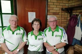 Victorious Royal Mail rink, with Geoff Taylor, Barbara Kenny and Ted Bloodworth after winning 26-7