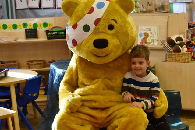 A cuddle from Pudsey Bear at Carlton Road Academy.
