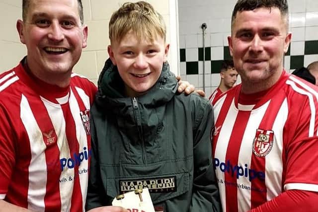 Horncastle's joint man-of-the-match winners Alec Enderby (left) and Scott Lowman (right) receive their prize post-match.